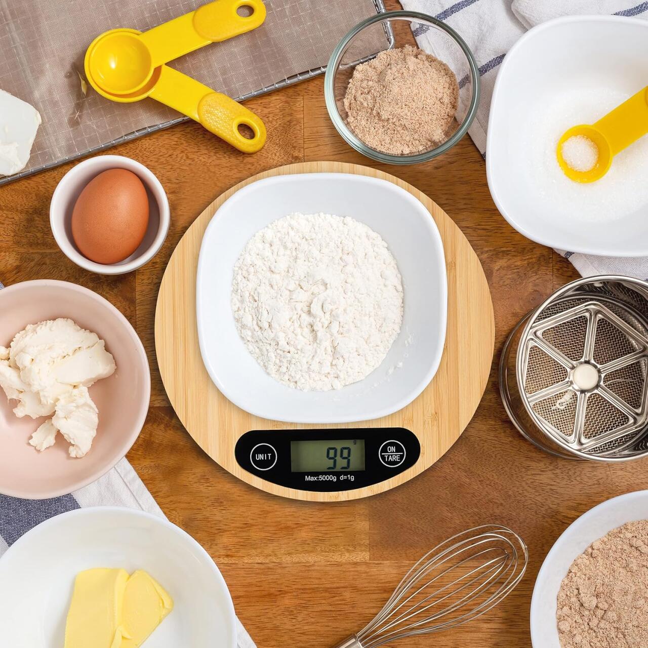 Balanza Digital de Cocina de Bambú 5Kg con Pantalla LCD y Función Tara