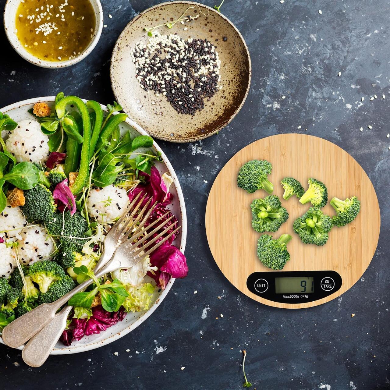 Balanza Digital de Cocina de Bambú 5Kg con Pantalla LCD y Función Tara